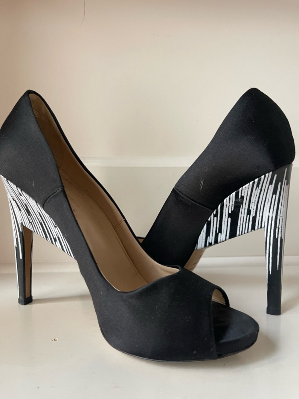 Nicholas Kirkwood Black Satin Peep Toe Heels with Striped Heel Size 38